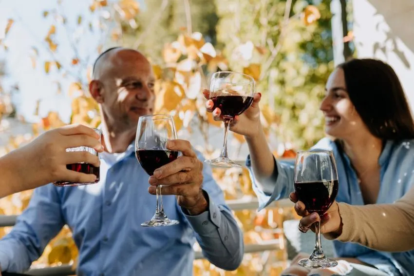 A few people toast wine glasses