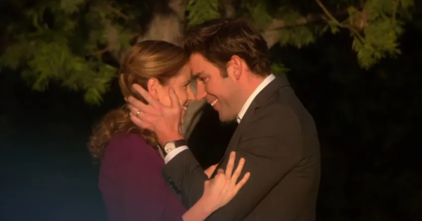 Jim & Pam The Office's Jim and Pam having a loving moment