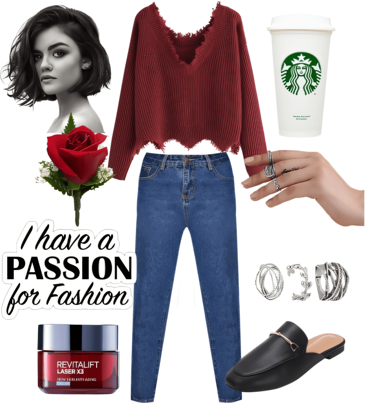 Casual chic outfit with burgundy distressed sweater, high-waist jeans, black mules, silver rings, and Starbucks aesthetic