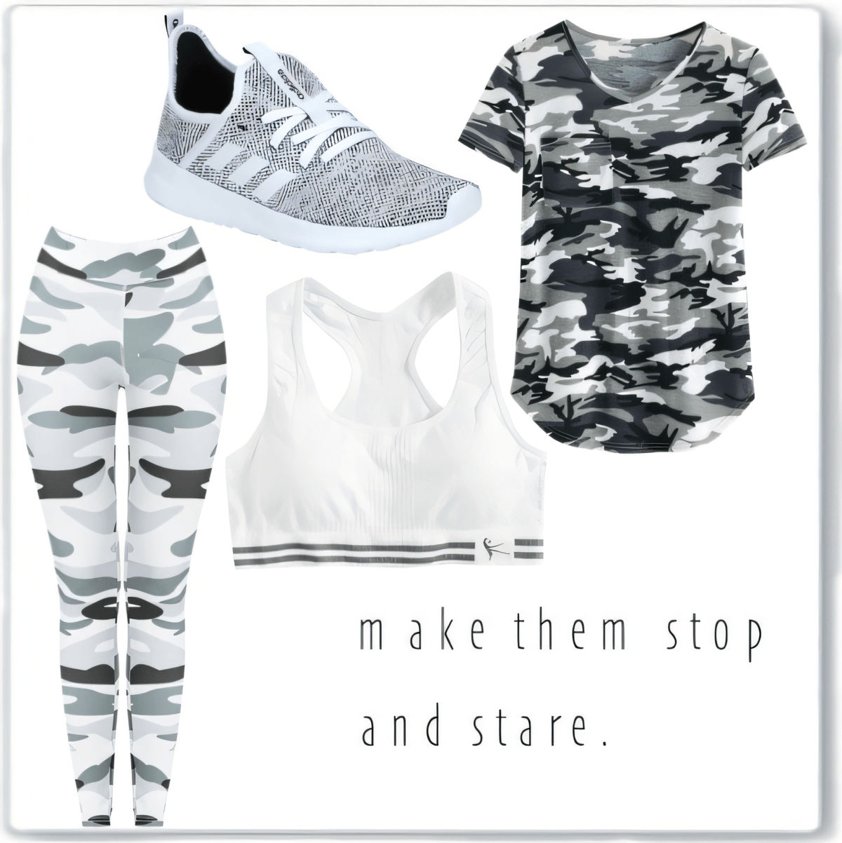 Tenue athleisure composée d'un legging camouflage gris, d'un soutien-gorge de sport blanc, d'un t-shirt camouflage et de baskets en tricot grises