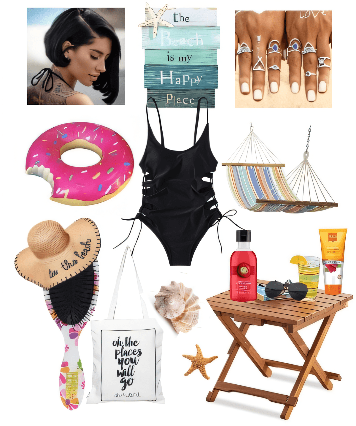 Summer beach outfit featuring black cutout swimsuit, beach accessories, pink donut float, striped hammock, and beauty essentials