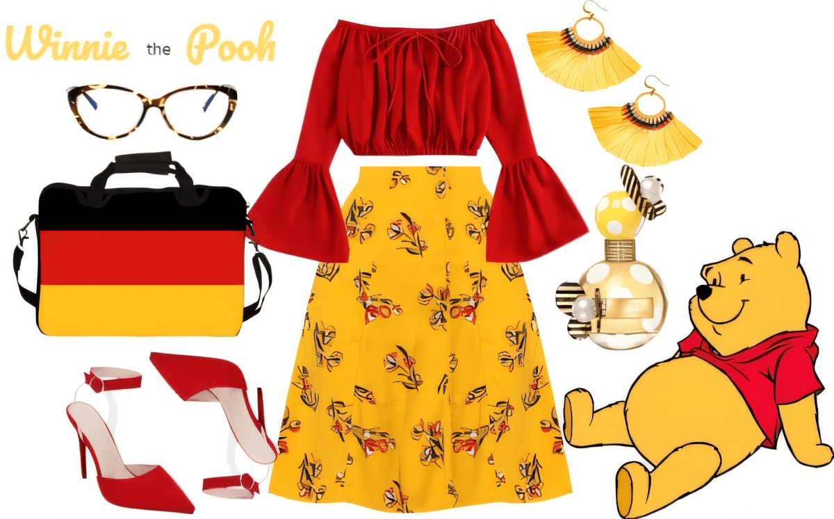 Winnie the Pooh inspired outfit featuring red off-shoulder top, yellow floral skirt, red heels, tortoise glasses, German flag bag, and yellow tassel earrings