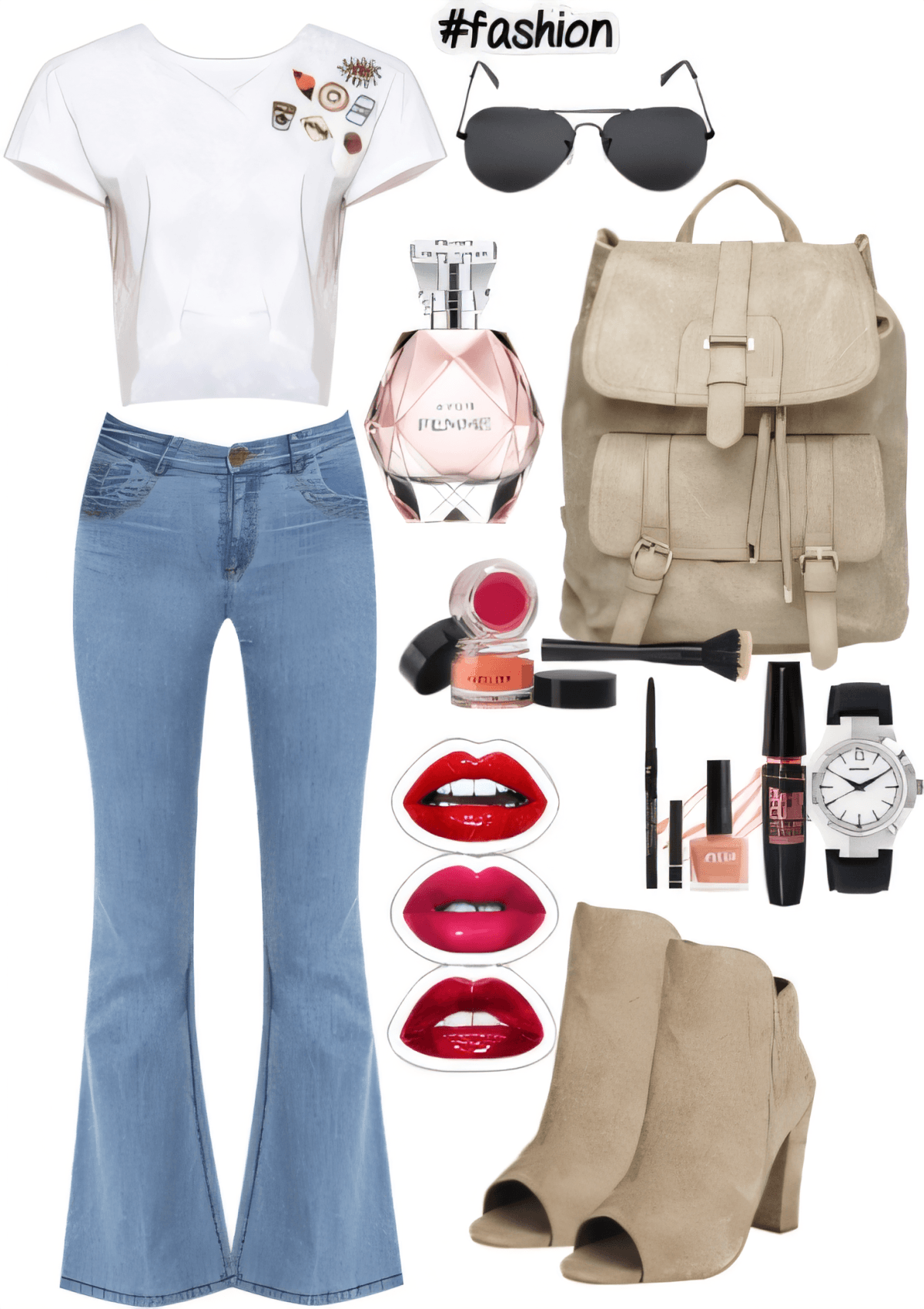 Casual chic outfit with flared jeans, white crop top, beige ankle boots, and accessories including sunglasses, backpack, and makeup essentials