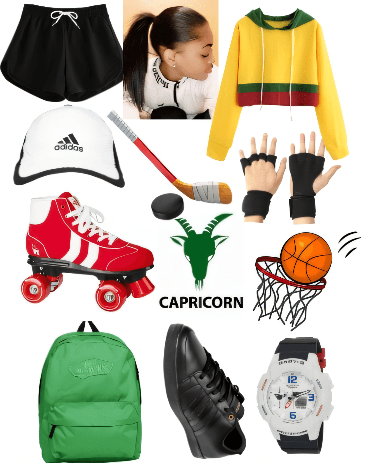 Athletic leisure outfit featuring black shorts, yellow colorblock hoodie, roller skates, basketball accessories and sporty gear