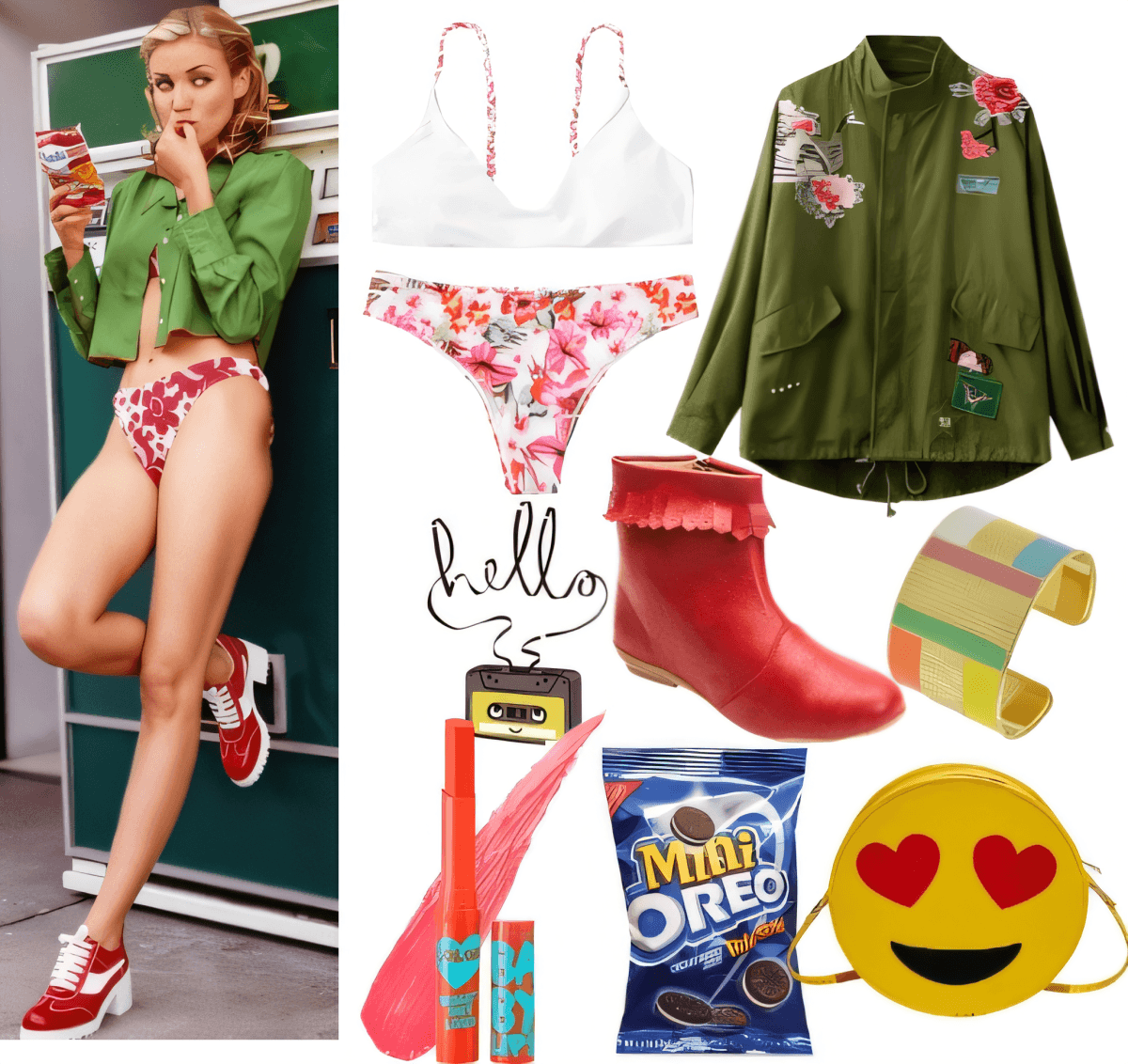 Outfit di ispirazione retrò con giacca verde militare, costume da bagno floreale, stivali rossi e divertenti accessori tra cui borsa emoji e snack Oreo