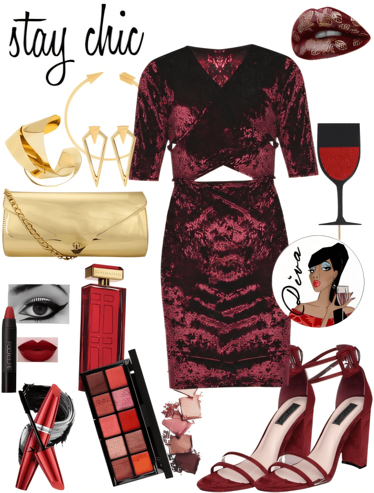 Luxurious burgundy velvet cut-out dress ensemble with gold accessories, matching heels, and coordinated makeup palette