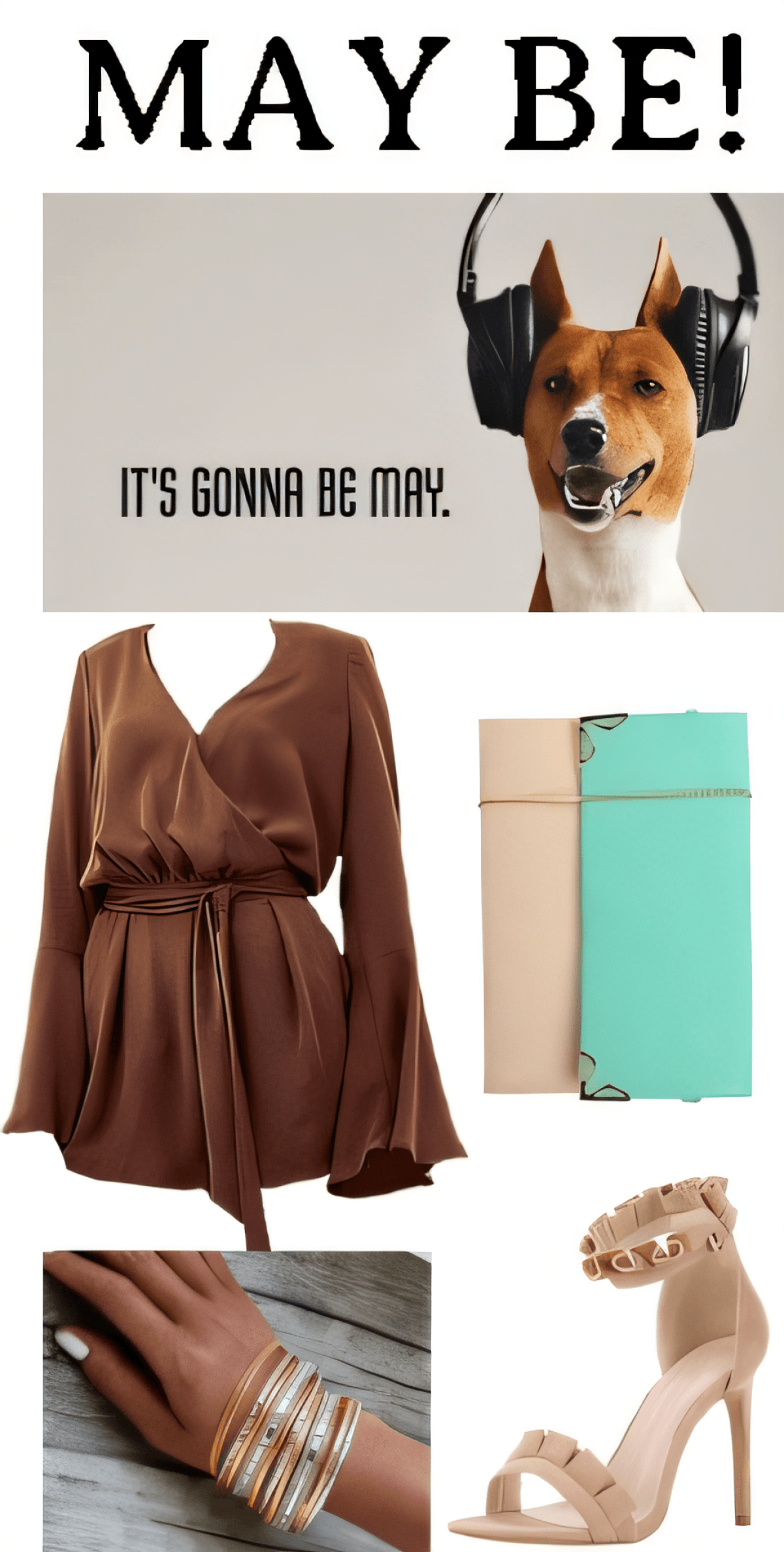 Elegante conjunto con vestido cruzado marrón, tacones tachonados color piel, brazaletes metálicos y un perro alegre con auriculares como inspiración