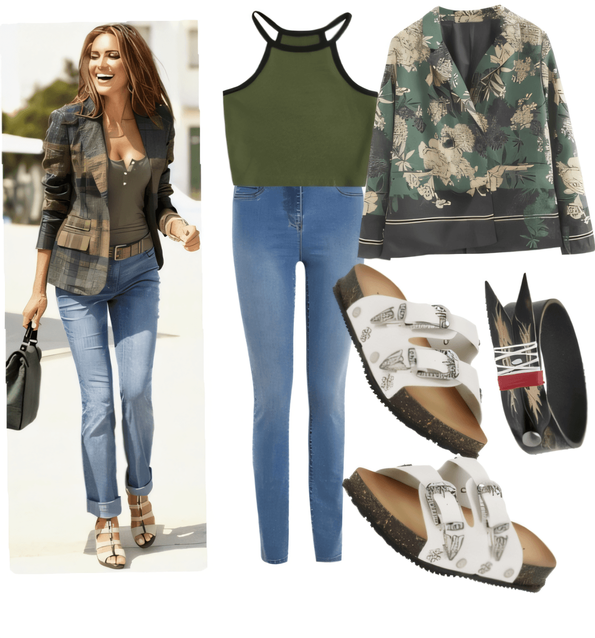 Casual chic outfit with floral blazer, olive green halter top, skinny jeans, metallic sandals, and edgy accessories