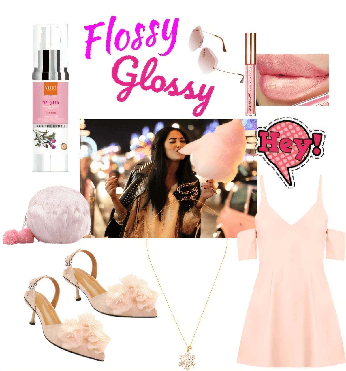 Dreamy pink summer outfit featuring slip dress, fluffy heels, lip gloss, and delicate jewelry paired with cotton candy aesthetic