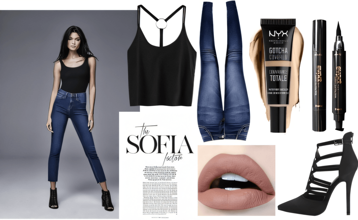 Tenue décontractée chic avec débardeur noir, jean bleu ajusté, talons noirs à lanières, complété par un maquillage nude