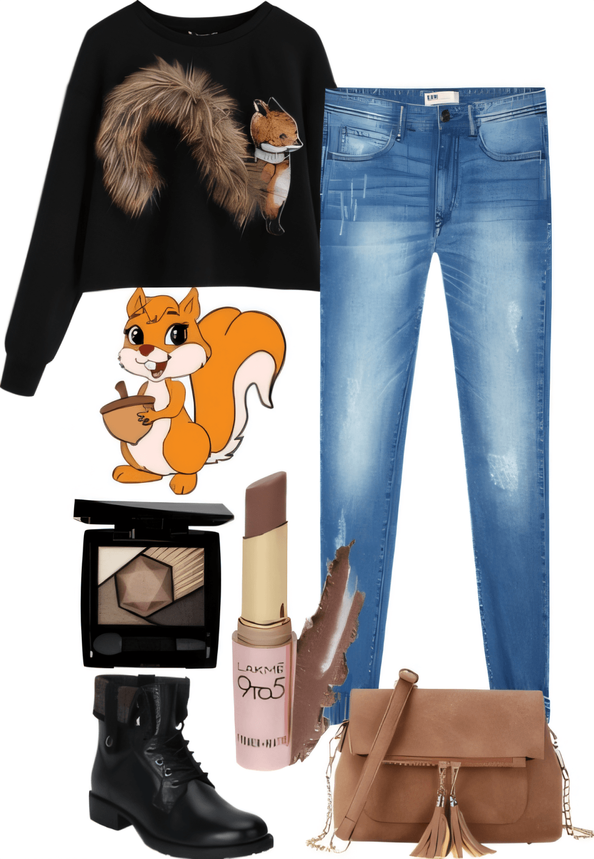 Casual outfit with squirrel print black sweater, light wash jeans, black combat boots, and brown crossbody bag, with makeup accessories
