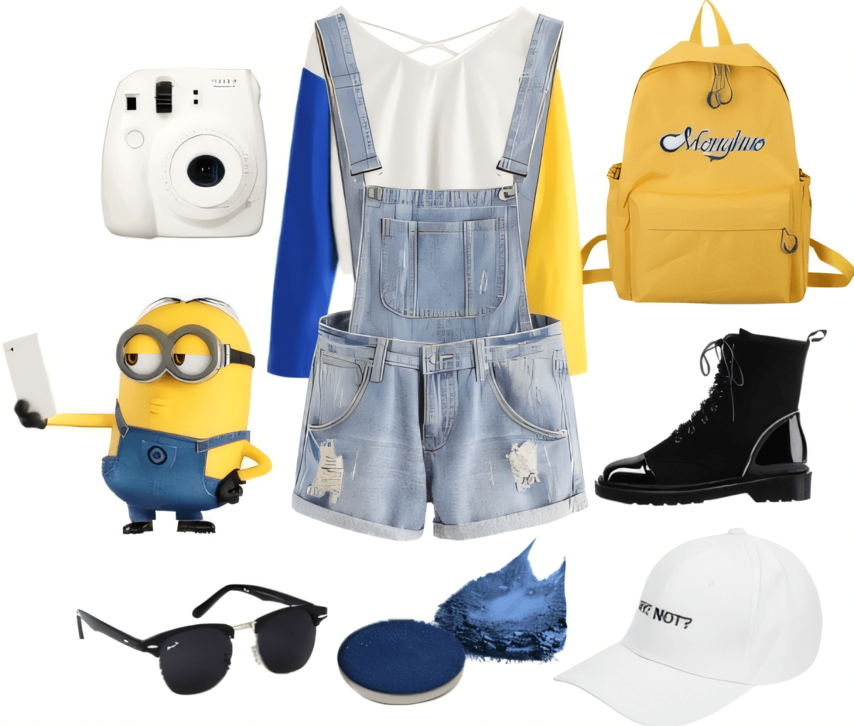 Tenue décontractée comprenant une salopette en jean, un sac à dos jaune, des bottes de combat et des accessoires sur le thème des Minions avec appareil photo et casquette