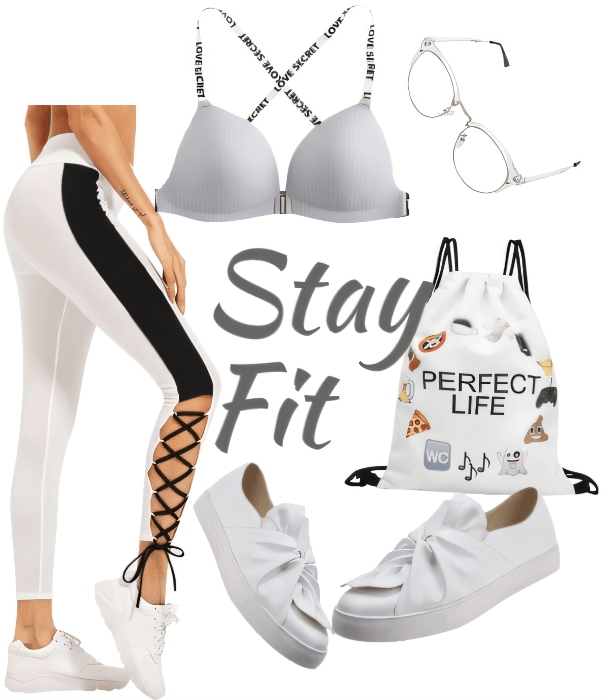 Athletic-inspired white outfit featuring lace-up leggings, sports bra, sneakers, clear glasses and drawstring bag with emoji prints