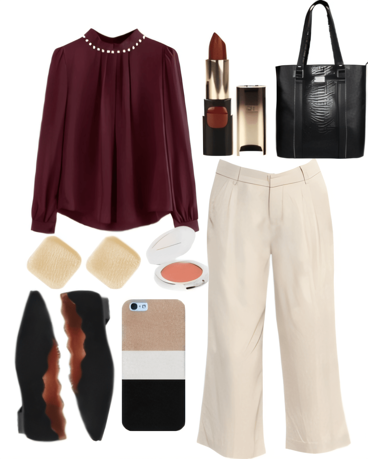 Professional outfit featuring burgundy blouse, cream wide-leg pants, black oxford shoes, and accessories including black tote and lipstick