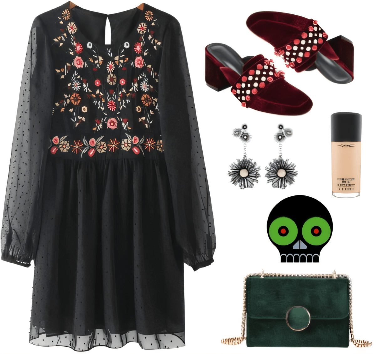 Fashion set featuring black embroidered dress, burgundy velvet mules, silver flower earrings, foundation, green velvet bag, and decorative skull accent