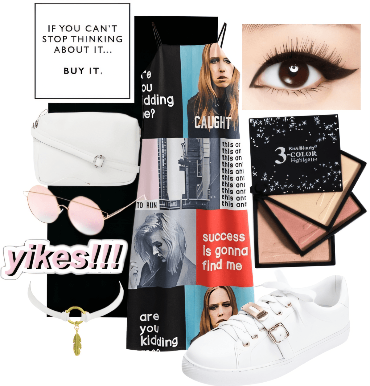 Fashion mood board featuring white buckle sneakers, eyewear, makeup palette, white handbag, and motivational text against black background