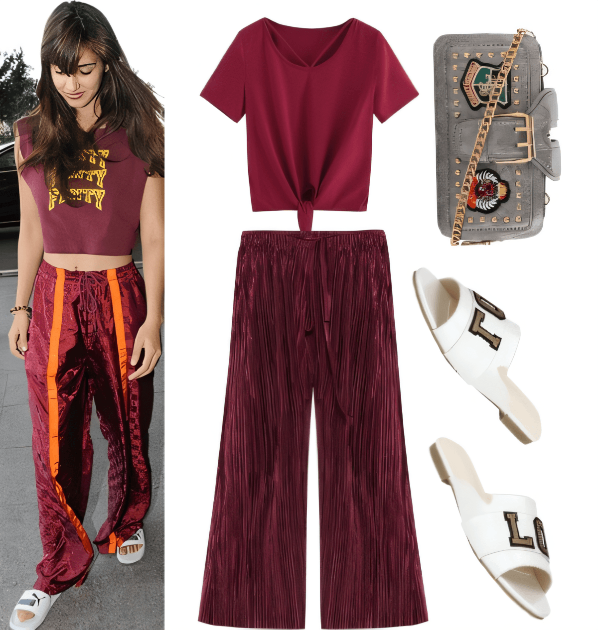 Burgundy outfit with cropped top, velvet palazzo pants, white sandals and grey embellished bag