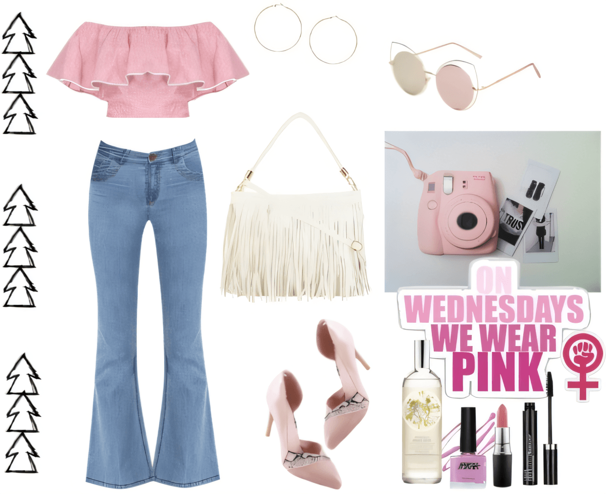 Retro-inspired outfit with pink cropped ruffle top, flared jeans, fringe bag, pink accessories and makeup