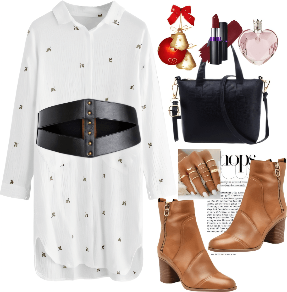 Chic Sophistication: White Button-Down Dress with Cognac Boots by Rubina Shaikh