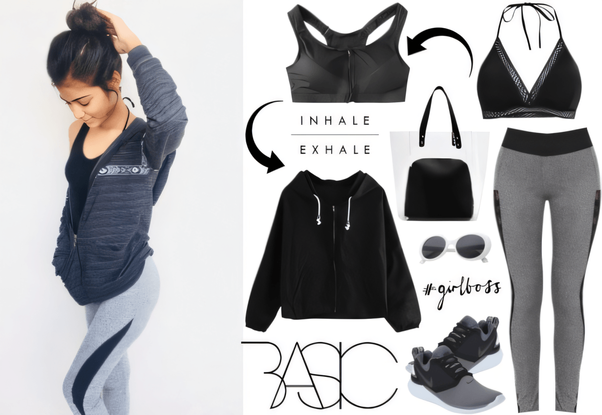 Sportliches Outfit bestehend aus grauen Leggings, schwarzem Sport-BH, schwarzem Hoodie und Laufschuhen mit Athleisure-Accessoires