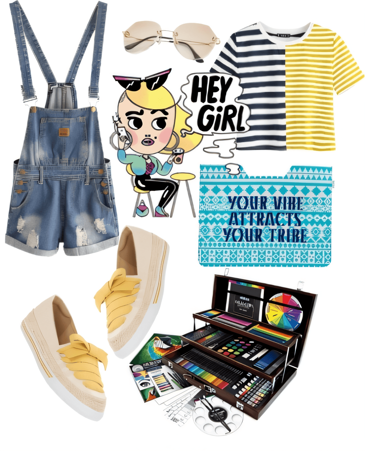 Summer outfit featuring denim overalls, striped navy/yellow tee, espadrilles, sunglasses, and art supplies with inspirational quote