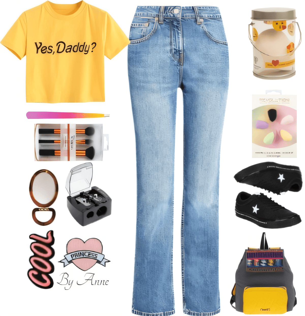 Y2K inspired outfit with yellow graphic crop top, light wash jeans, black sneakers, backpack, and kawaii accessories