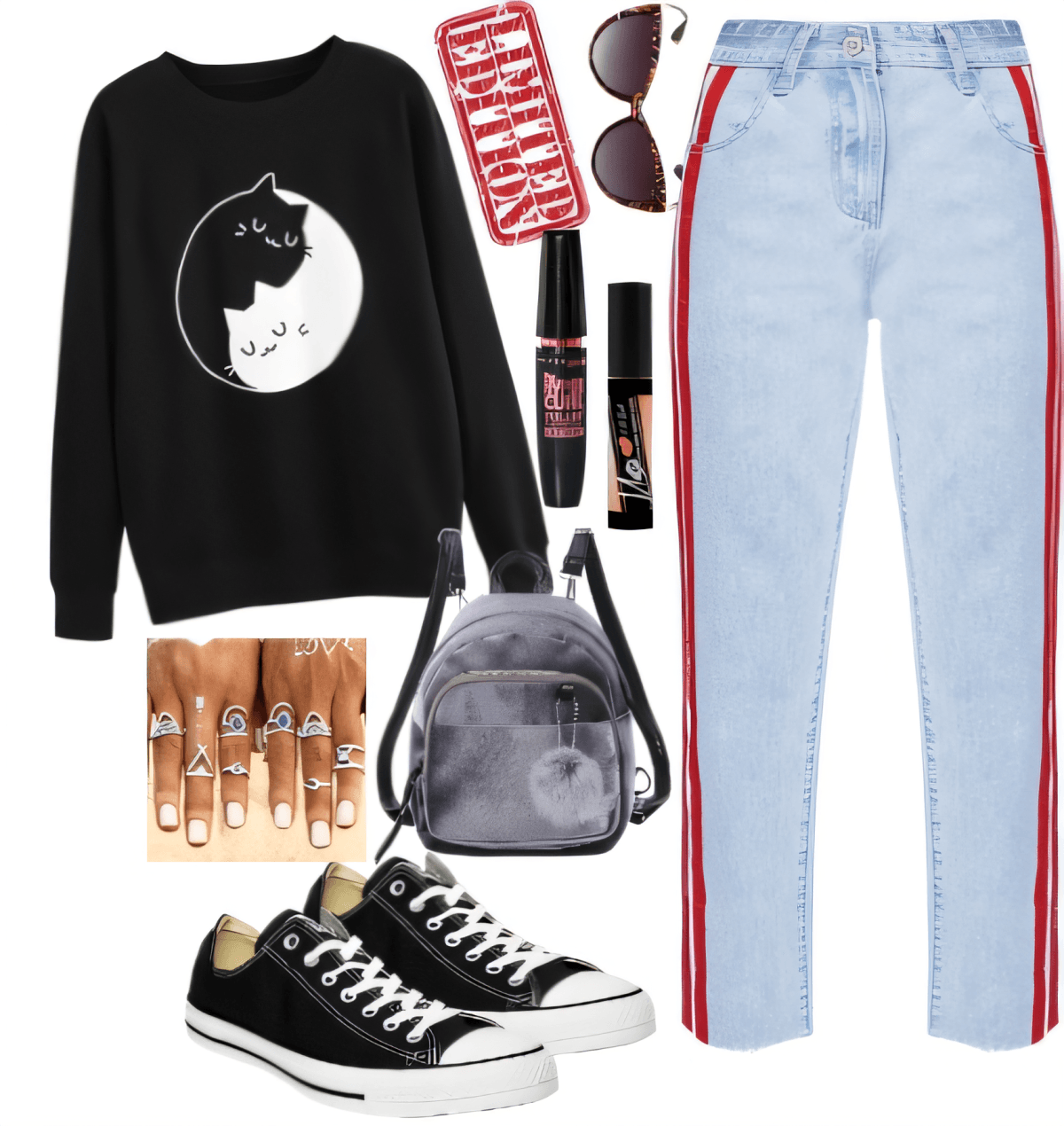 Casual outfit with black cat yin-yang sweater, light wash jeans with red stripes, black Converse, velvet backpack, and accessories