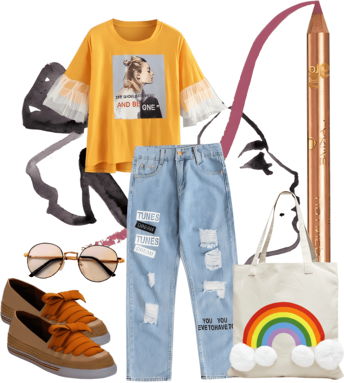 Conjunto informal con camiseta estampada amarilla con mangas de tul, jeans desgastados, zapatos oxford marrones, bolso de mano arcoíris y accesorios vintage.