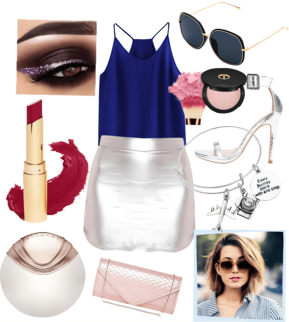 Party outfit with navy tank top, silver mini skirt, sparkly makeup, and metallic accessories