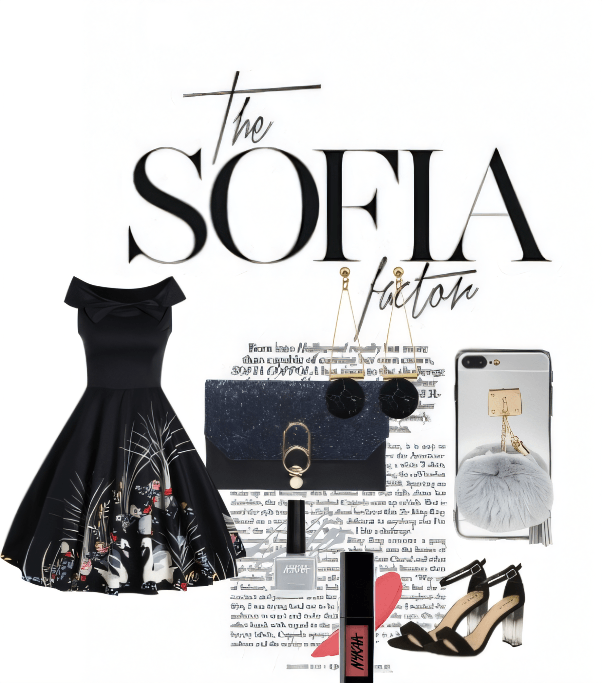Elegante conjunto con vestido floral negro, clutch azul marino, tacones de cristal, funda de teléfono con pompón de piel y accesorios.
