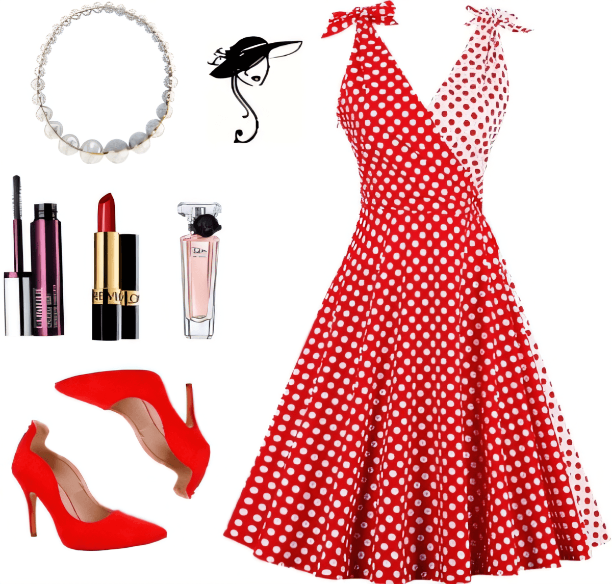Vintage-inspired red and white polka dot swing dress styled with red pumps, pearls, and classic makeup essentials