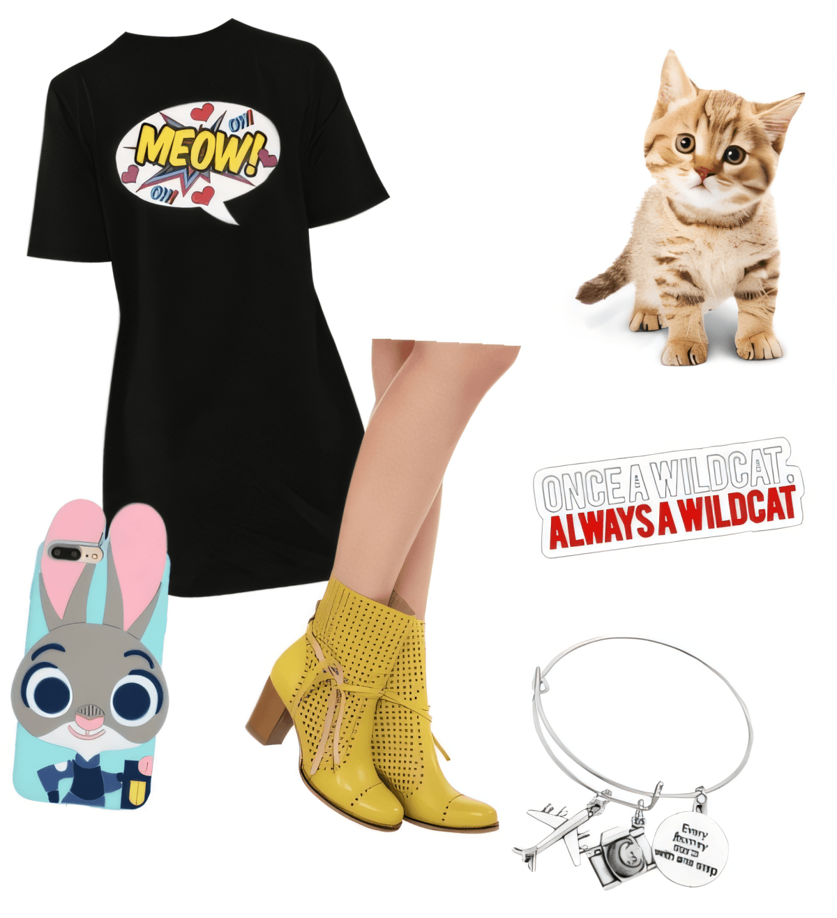 Black t-shirt dress with MEOW graphic, yellow studded boots, bunny phone case, and cat-themed charm bracelet