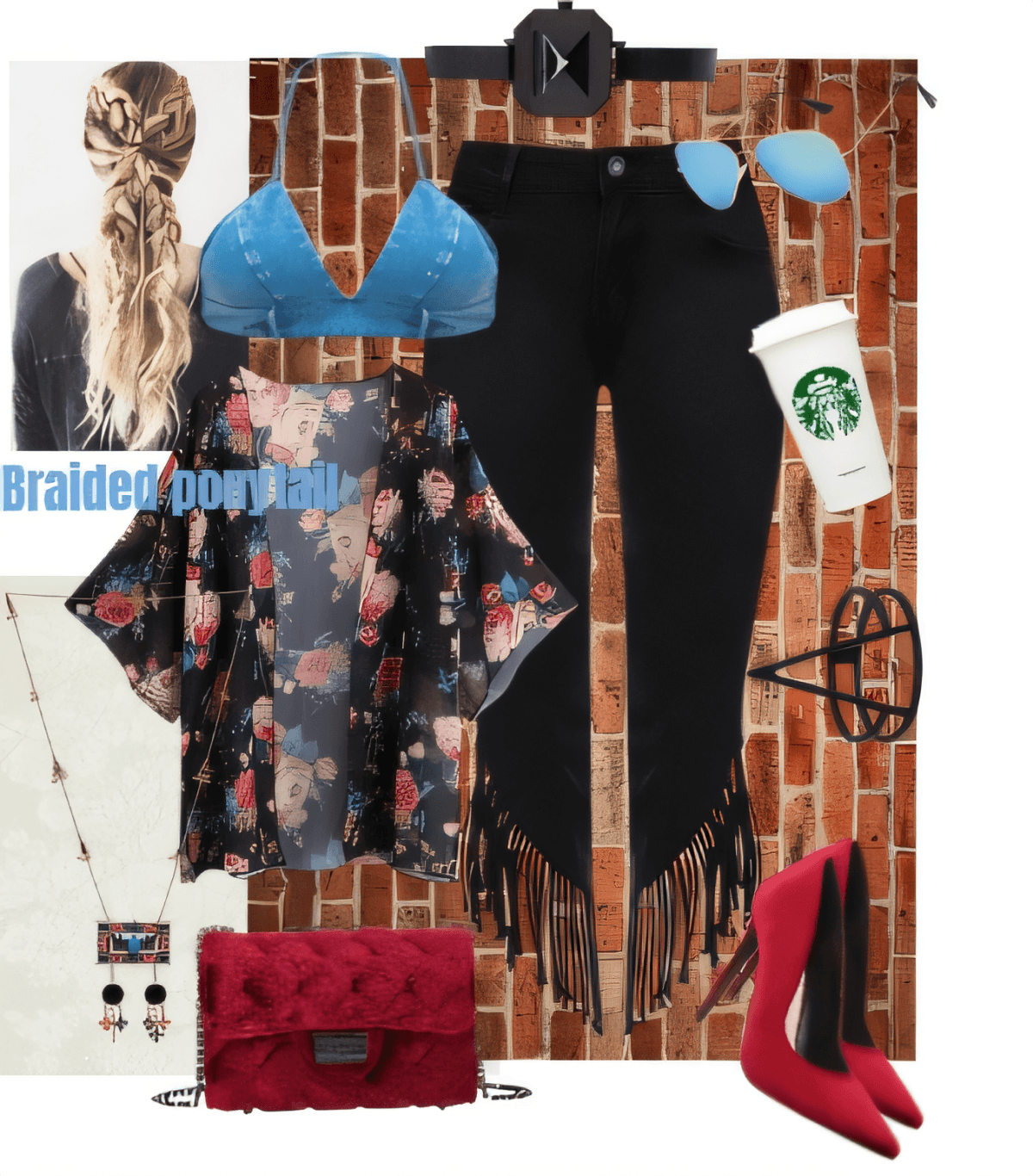 Edgy-romantic outfit featuring floral kimono, black pants, blue bra, red heels, braided hairstyle and Starbucks accessories