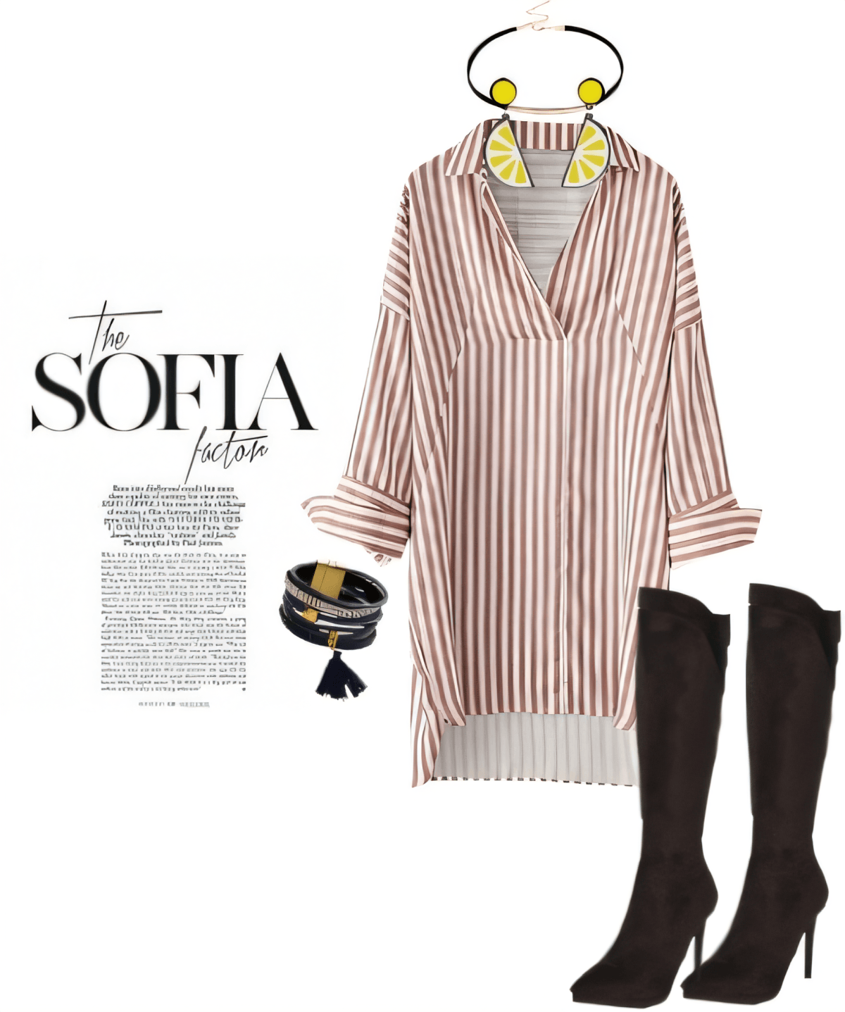 Diseño de moda que presenta un vestido camisero oversize a rayas en rosa y blanco, botas negras hasta la rodilla, pendientes amarillos llamativos y una pulsera con borlas azul marino.