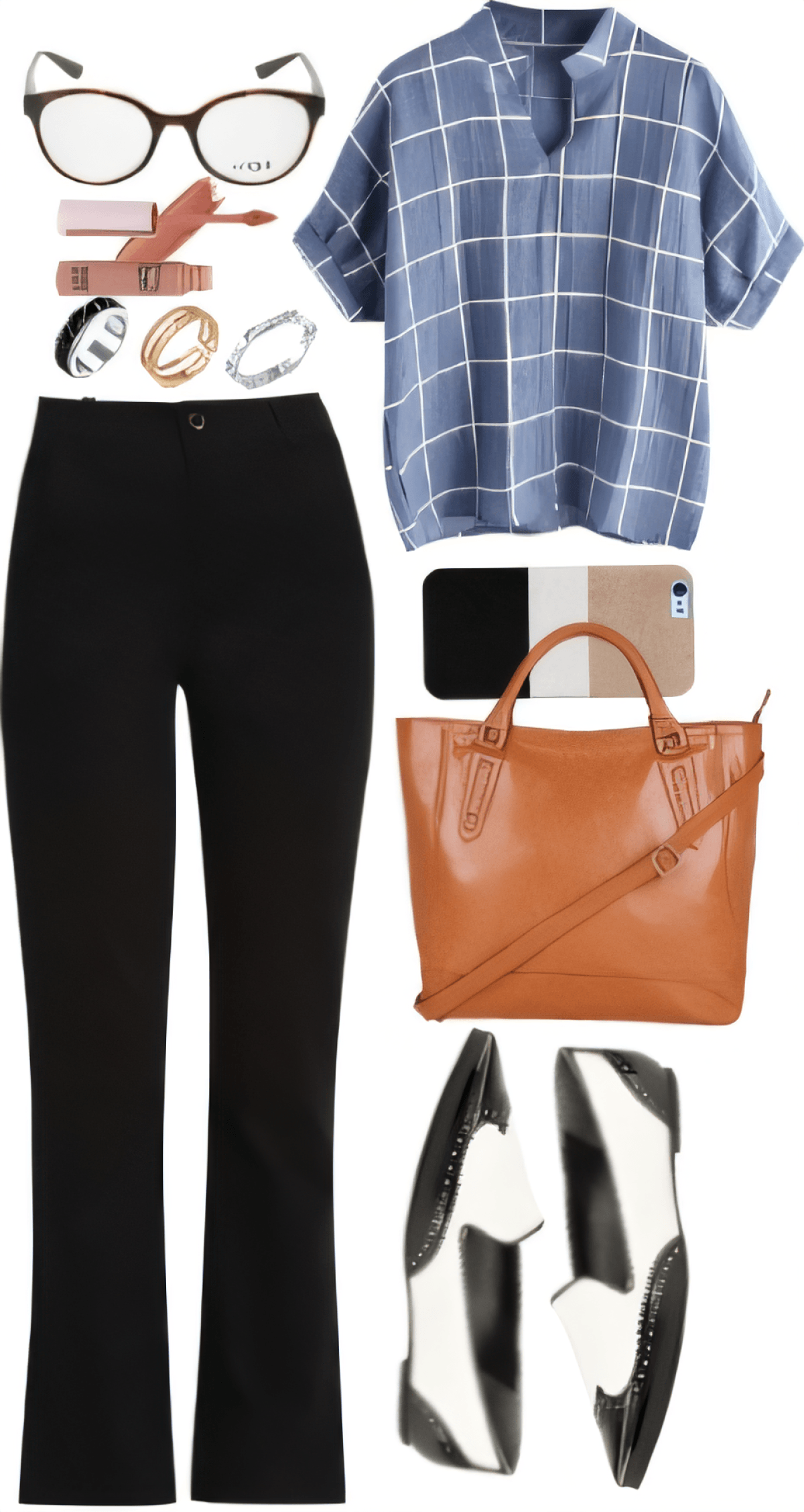 Professional outfit featuring blue windowpane blouse, black trousers, brown leather tote, cat-eye glasses, and black and white oxford shoes