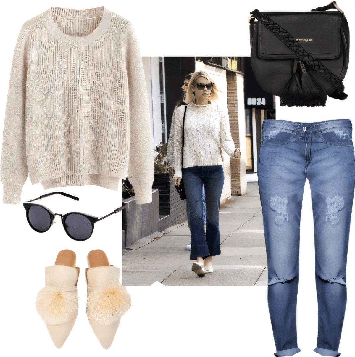 Conjunto casual de lujo con suéter de punto trenzado color crema, jeans desgastados, mules con pompones color beige, bolso bandolera negro y lentes de sol