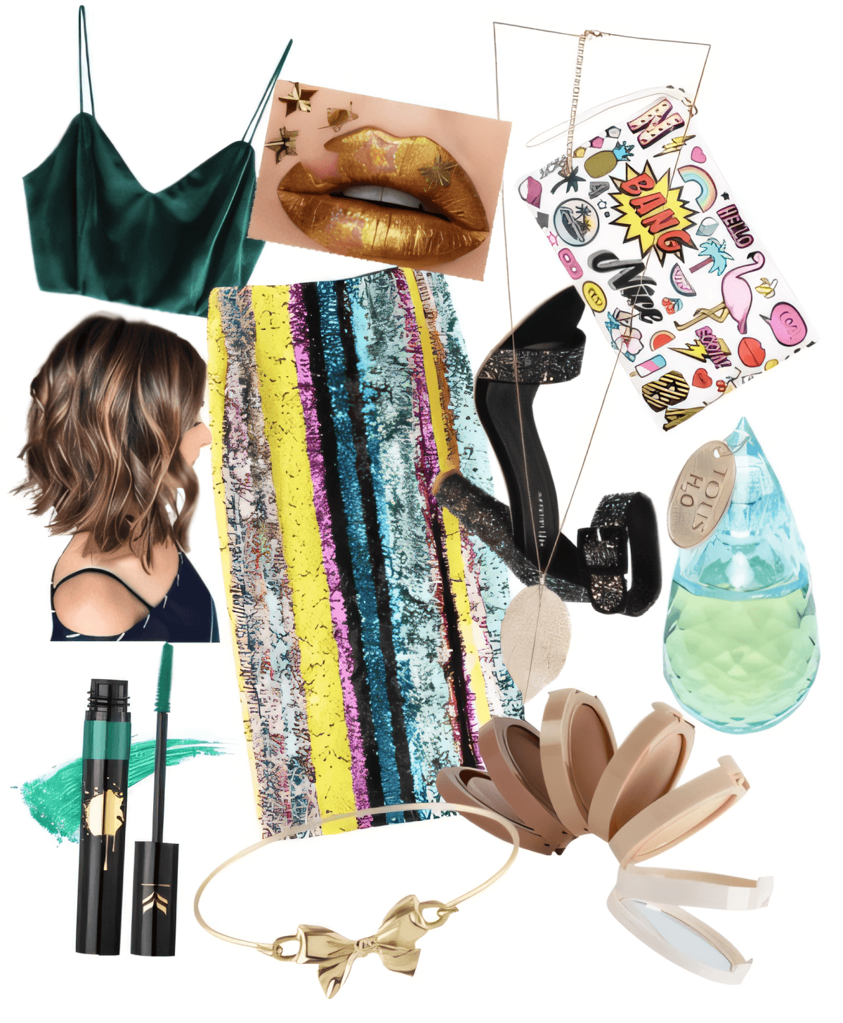 Party outfit featuring emerald velvet crop top, sequined rainbow striped skirt, black heels, gold accessories, and playful makeup