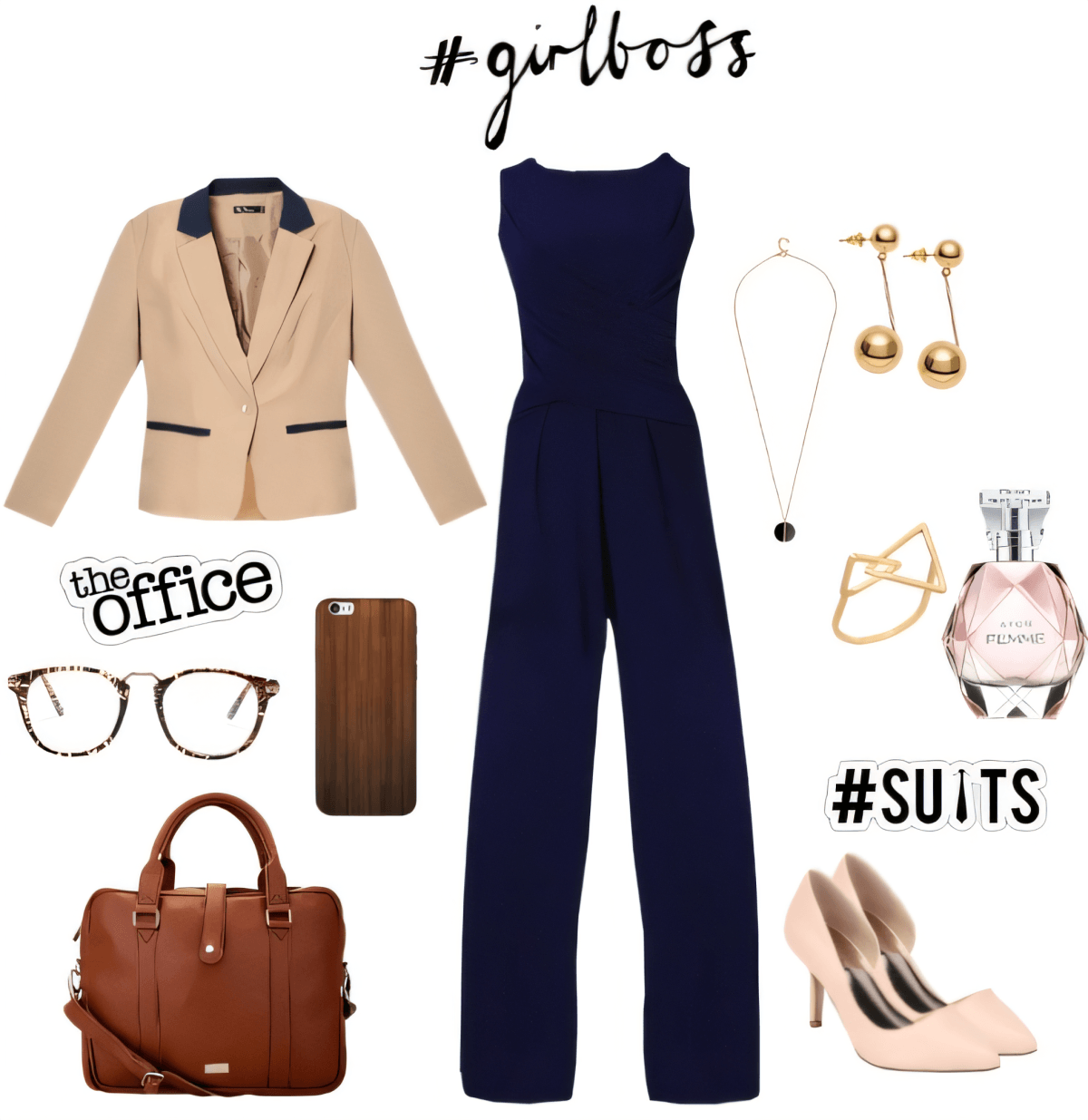 Professional office outfit featuring beige blazer, navy jumpsuit, brown leather bag, nude heels, and gold accessories