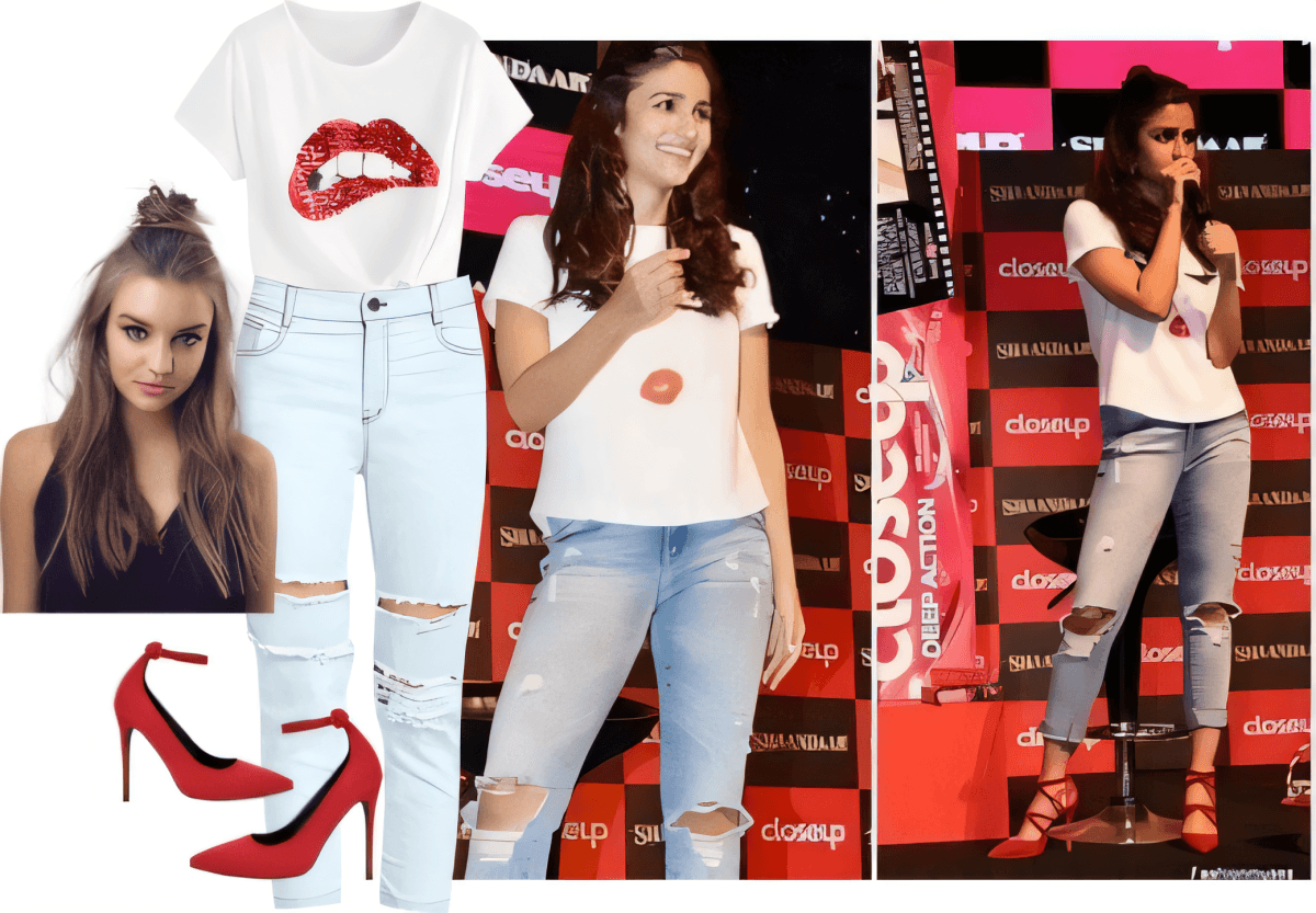Lässig-schickes Outfit bestehend aus weißem Grafik-T-Shirt mit rotem Lippen-Print, Jeans in Used-Optik und roten Stilettos