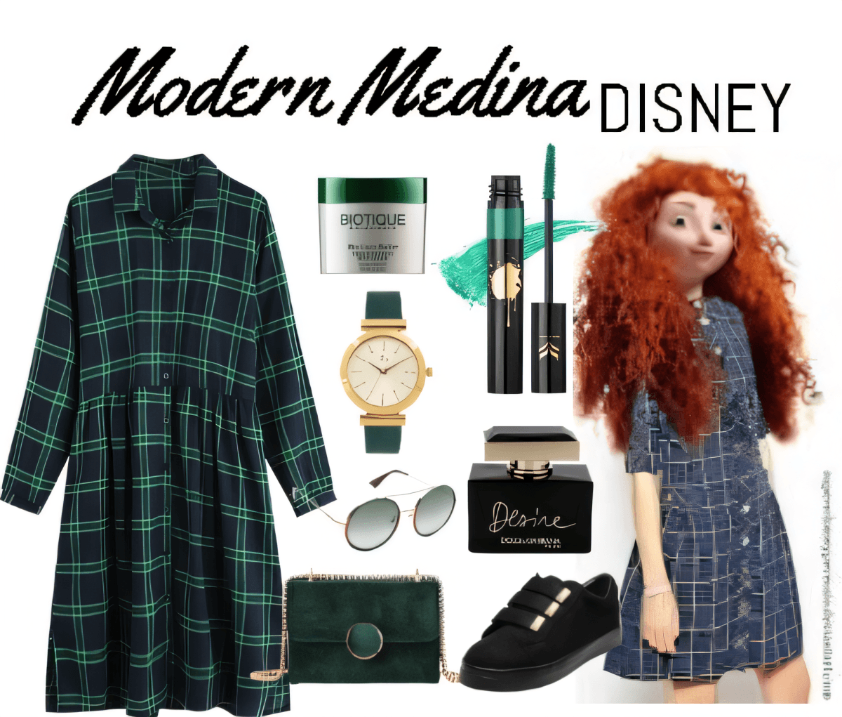 Modern Disney-inspired outfit featuring green plaid dress, black sneakers, emerald accessories, and beauty products