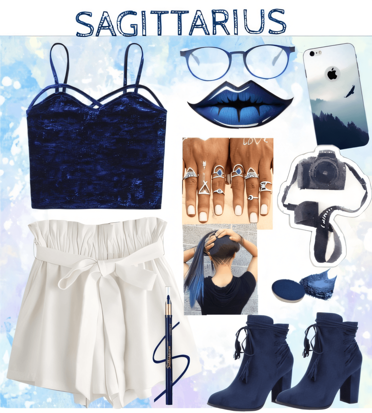 Sagittarius-inspired outfit featuring navy crop top, white paperbag shorts, blue ankle boots, with accessories including cat-eye glasses and camera