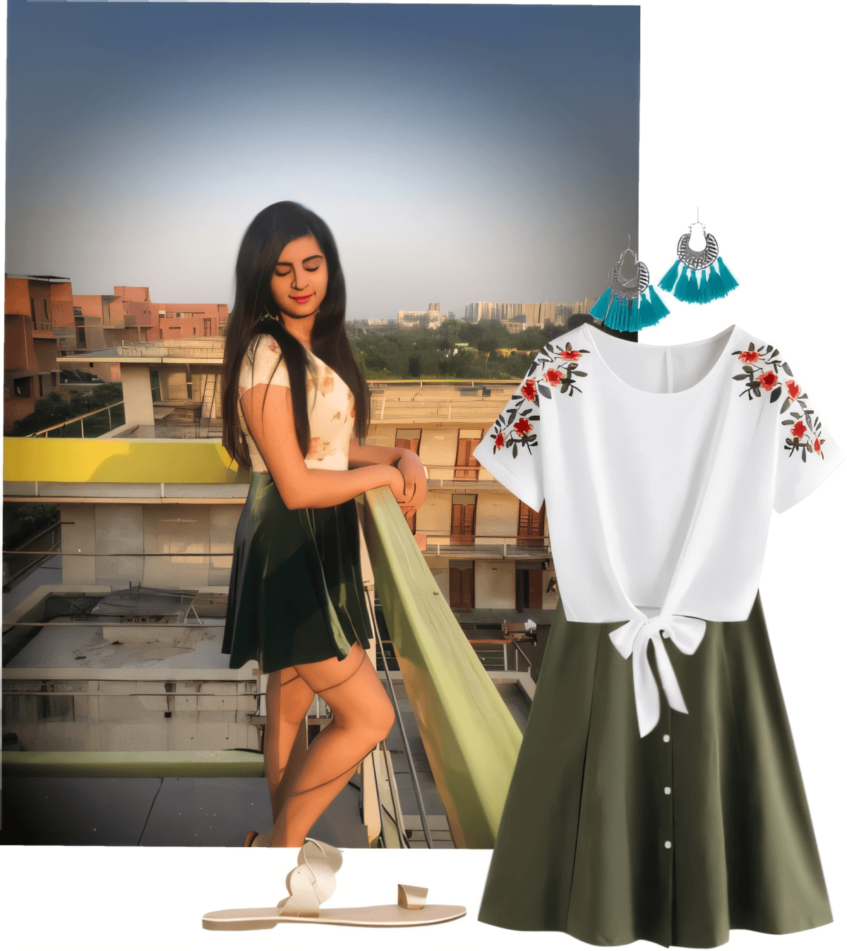 Blooming Garden Soirée: Floral Embroidered Crop Top & Olive Button-Down Skater Skirt by Muskaan Mahendru
