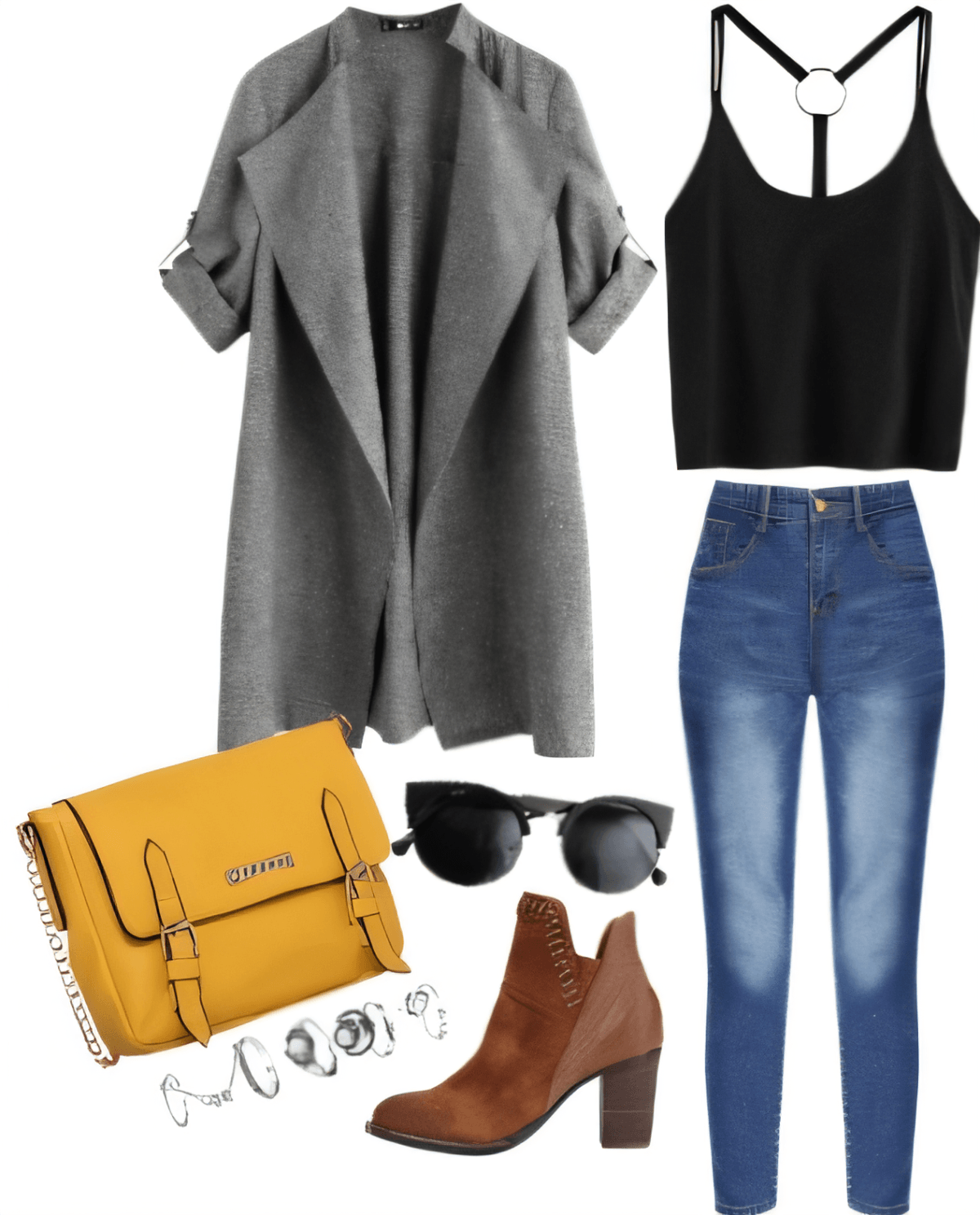 Casual chic outfit featuring grey coat, black crop top, blue jeans, brown ankle boots, yellow crossbody bag, and sunglasses