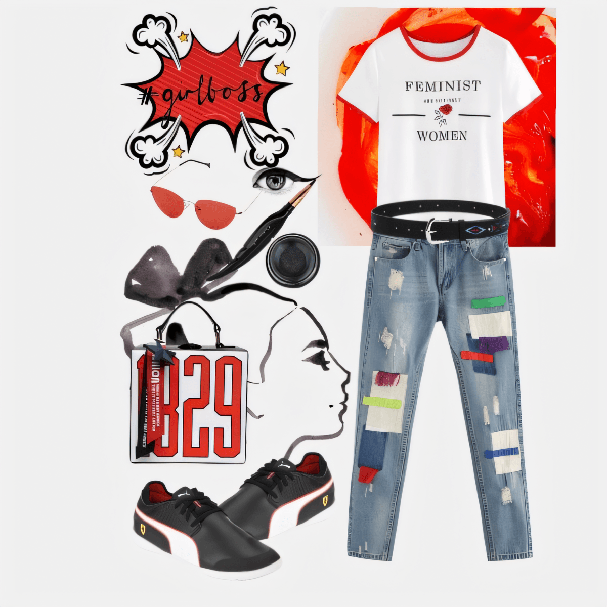 Casual outfit featuring feminist t-shirt, distressed patched jeans, black sneakers, red sunglasses, and artistic accessories