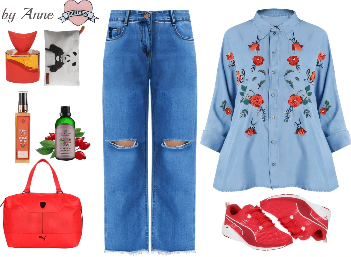 Casual outfit featuring distressed wide-leg jeans, light blue floral embroidered button-down shirt, red sneakers, and red accessories