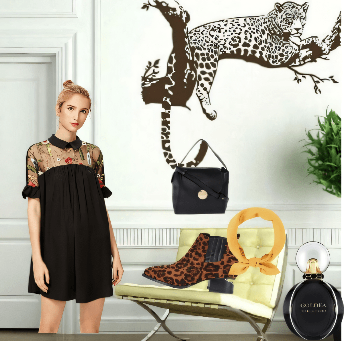 Black mini dress with sheer floral mesh top panel, styled with leopard print boots, black handbag, and yellow scarf against leopard wall art