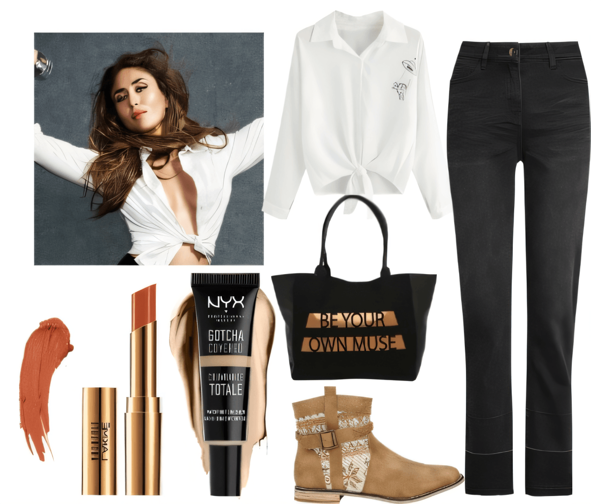 Casual chic outfit featuring white tie-front shirt, black jeans, tan ankle boots, black tote bag, and neutral makeup essentials