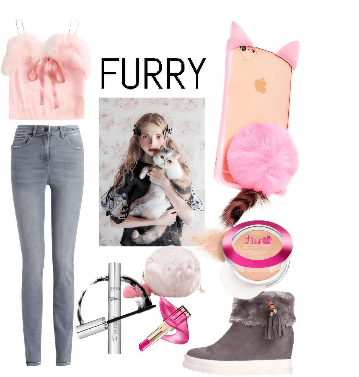 Tenue décontractée et luxueuse comprenant un haut court rose duveteux, un jean skinny gris, des bottes en fourrure, un étui de téléphone à oreilles de chat et des accessoires de maquillage roses