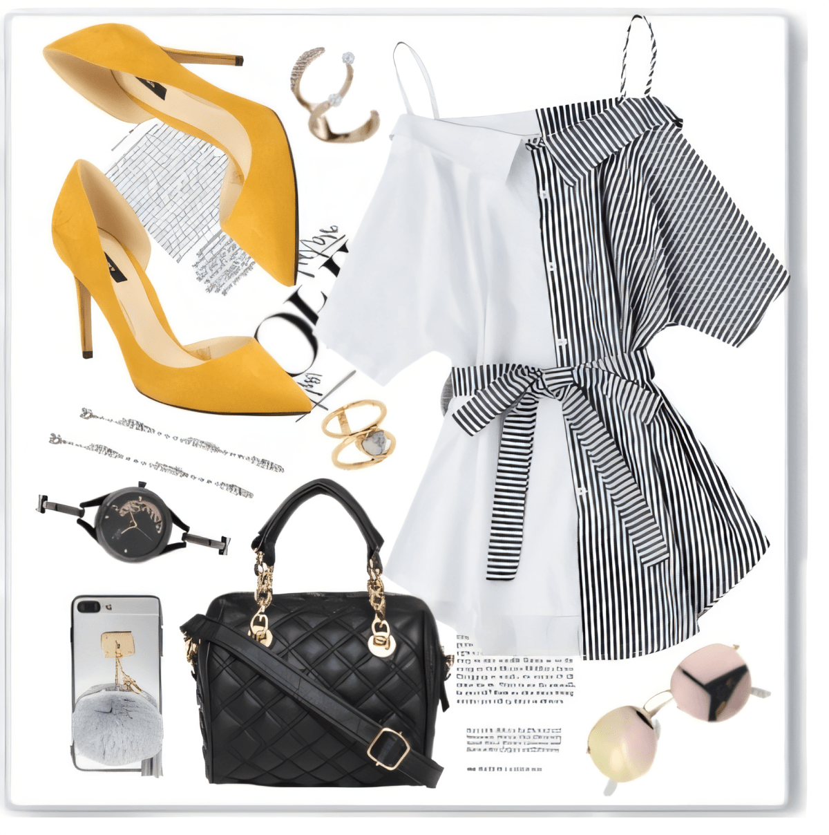 Conjunto de verano con mono de rayas blancas y negras, tacones de color amarillo mostaza, bolso acolchado negro y accesorios a juego.