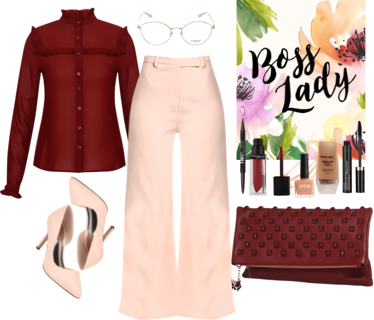 Conjunto profesional con blusa con volantes color burdeos, pantalones anchos en tono rubor, zapatos de tacón color piel, cartera color burdeos y accesorios de mujer jefa.